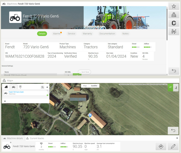 Image section for viewing current machine data using the example of a Fendt 720 Vario Gen6