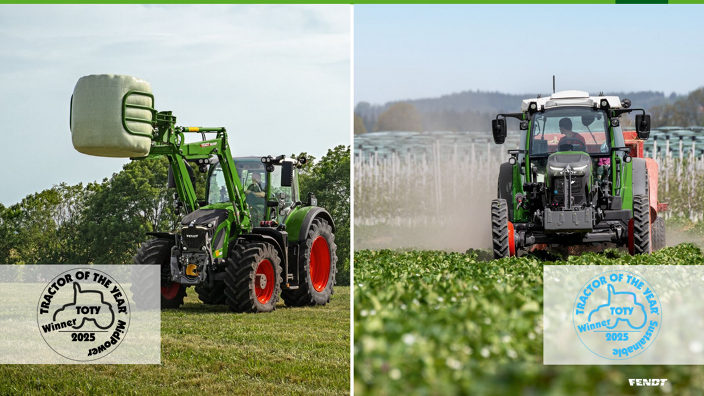 two images - left: Fendt 620 Vario with raised Fendt frontloader on grassland and right: Fendt e107 Vario in strawberry field spreading straw