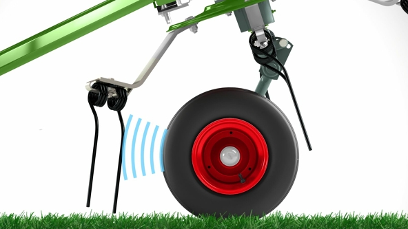 A graphic illustration of the isosceles Super C high-performance spring tine and the wheel of the Fendt Twister. The illustration shows the small distance between the tines and the impeller.