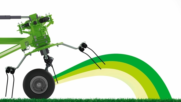 Illustration of the Fendt Twister , in which the standard spreading angle adjustment in 3 positions is represented by arcs in three different shades of green.