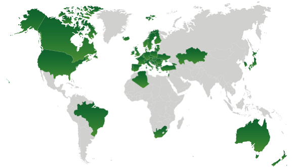 Mappa del mondo in cui sono evidenziati in verde i continenti Europa, America del Nord e Australia nonché i paesi Brasile, Sud Africa e Nuova Zelanda.