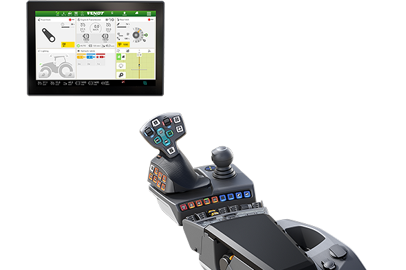 Vista di un bracciolo, un 3L-joystick e schermo inclusi pacchetti base Smart Farming per postazione di lavoro del conducente FendtONE