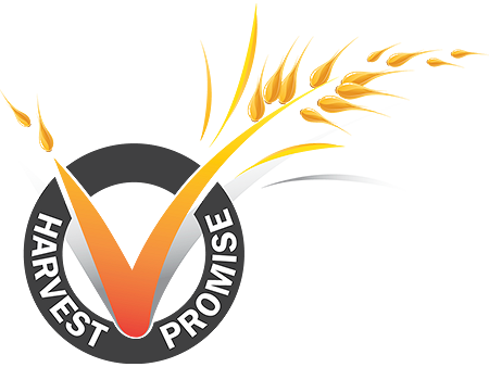 HARVEST PROMISE logotipas su tamsiai pilku apskritimu ir kukurūzų burbuole.