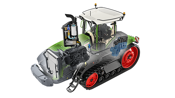 Fendt 1100 Vario MT traktora šķērsgriezums ar iezīmētu MAN sešcilindru rindmotoru.