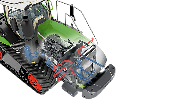 Dzesēšanas koncepcijas attēlojums ar sarkanu un zilu bultiņu traktorā Fendt 1100 Vario.