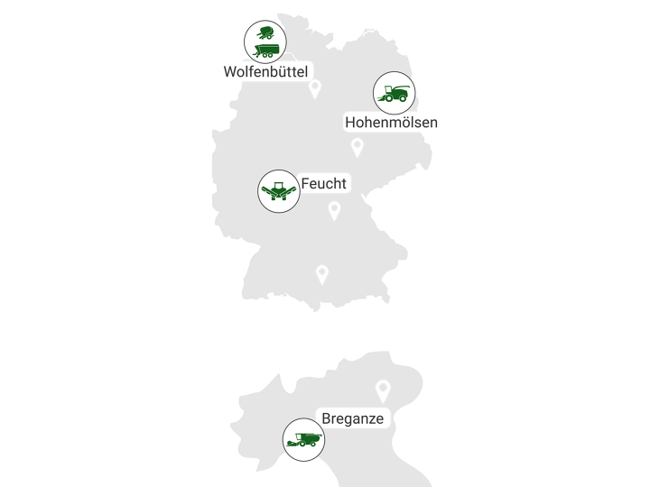 Karte, kurā parādītas Fendt lopbarības novākšanas un ražas novākšanas tehnikas ražotņu atrašanās vietas Volfenbitelē, Feihtā, Bregancē un Hohenmelsenē