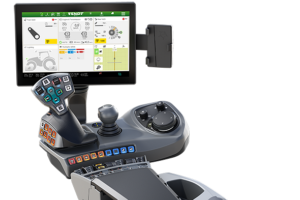 Aanzicht van een armleuning, 3L joystick en beeldscherm inclusief Smart Farming basispakketten voor de FendtONE-bestuurderswerkplek