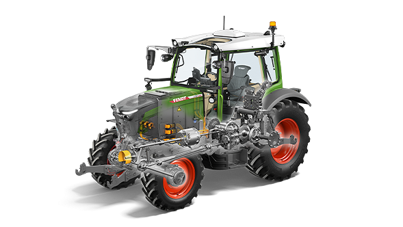 Illustratie van het binnenwerk van de e100 Vario tractor waarop de transmissie goed te zien is