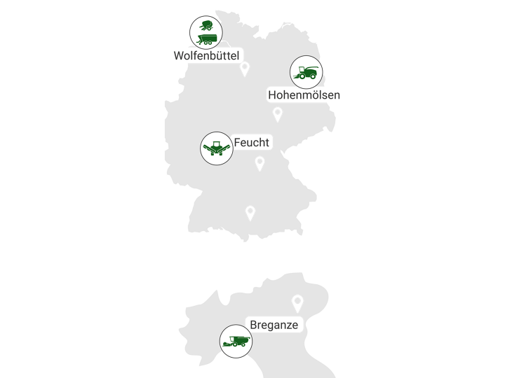 Mapa przedstawiająca zakłady produkcji maszyn do zbioru pasz i maszyn żniwnych Fendt w Wolfenbüttel, Feucht, Breganze i Hohenmölsen