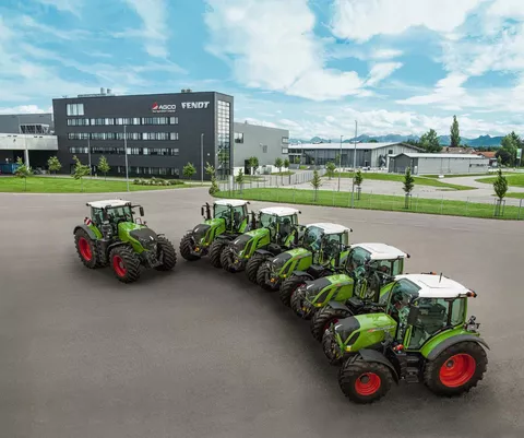 Six large tractors on the grounds in Marktoberdorf