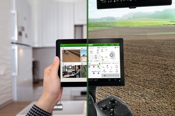 Split image, on the left, a hand with a tablet and, on the right, the tractor terminal with FendtONE.