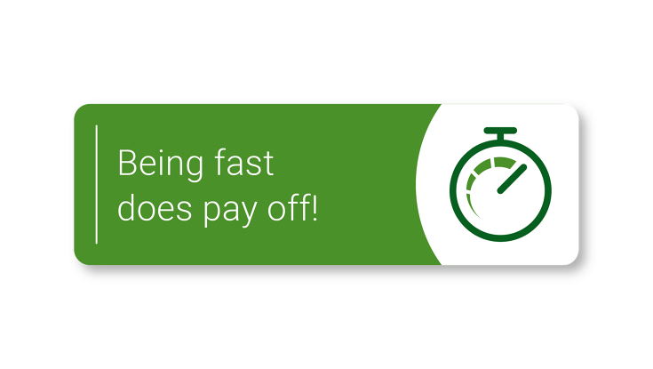 Green banner with a stopwatch symbol and the text "Being fast does pay off!"