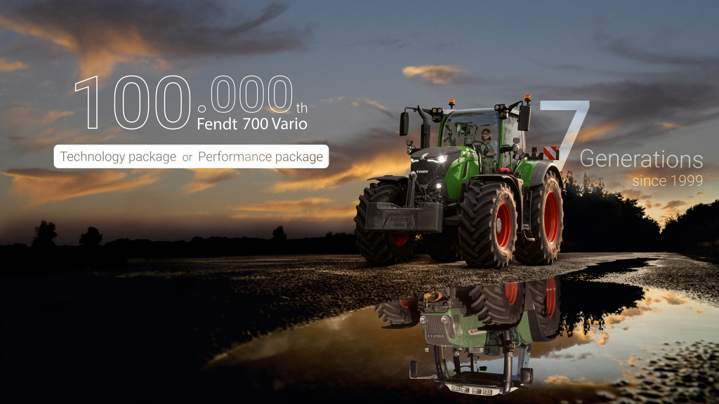 A Fendt 700 Vario Gen7 in the field, a Fendt 700 Vario Gen1 is reflected in the puddle under the machine
