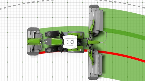 Graphic depiction of the bird's eye view of a Fendt tractor with mowing units with steered track.