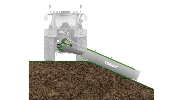 Graphic representation of the height-adjustable side cutterbar with a -30° inclination on a slope