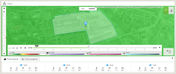 Screen section for the field overview with information on various weather parameters